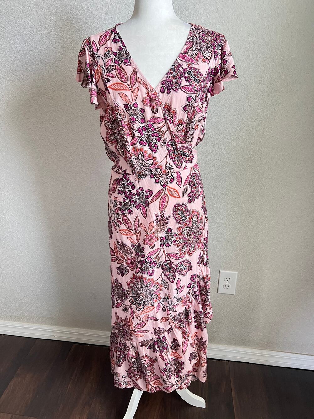 Proud Poppy Pink Floral Wrap Maxi Dress Womens 8 Ruffle Short Sleeve Lightweight